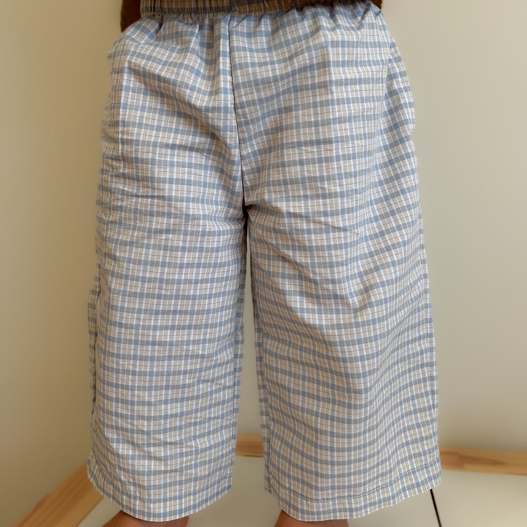 Light blue gingham baby boy pants with relaxed fit and functional side pockets